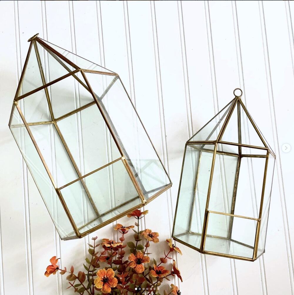 Vintage Brass Frame Six Sided Geometric Glass Terrarium Pointed Roof PAIR